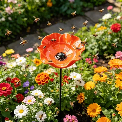 Produktbild von 1 Stuick,Vogeltränke Blume aus Metall,Handgefertigter Gartenstecker,Winterfeste Vogeltränke&Insektentränke,Bienentränke für Garten und Terrasse,Orange