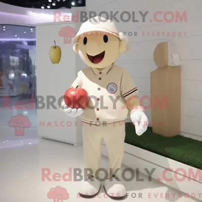 Zdjęcie produktu dla Beżowy REDBROKOLY eplemaskotdraktfigur kledd med en poloskjorte i berety
