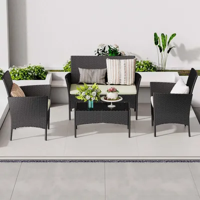 Produktbild von BIGZZIA Gartenmöbel-Set für den Außenbereich aus Rattan, 4-teilig, Gartenmöbel-Set für 4 Personen, inklusive 1 Sofa, 2 Sessel, 1 Tisch, Schwarz