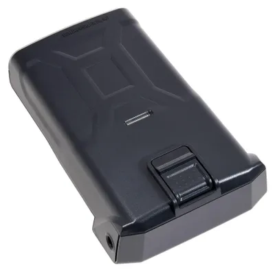 A dark gray battery pack for a vacuum cleaner, shown from a diagonal angle against a white background.