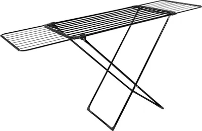 A black foldable drying rack for laundry, shown against a white background.