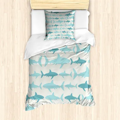 Produktbild von ABAKUHAUS Meerestiere Mantele, Schwimmen Sharks in Sea, Milbensicher Allergiker geeignet mit Kissenbezügen, 135 cm x 200 cm - 80 x 80 cm, Teal Turquoise Beige