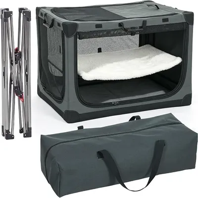 Imagen del producto de Caja de transporte plegable para perros, color verde militar, dimensiones 90x64x64 cm, apta para perros de hasta 30 kg