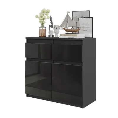 Obrázok produktu pre Komoda Noah – antracitová / čierna lesklá, 2 zásuvky, 2 dvere, 2 police, 80 cm – komoda do obývacej izby