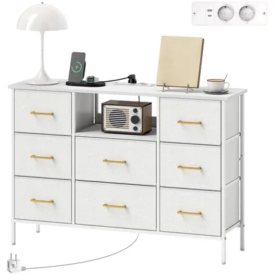 Image de Meuble de rangement à tiroirs, structure en acier, commode avec 8 tiroirs en tissu et station de charge, couleur crème. | USB + USB-C | 110 x 30 x 76 cm