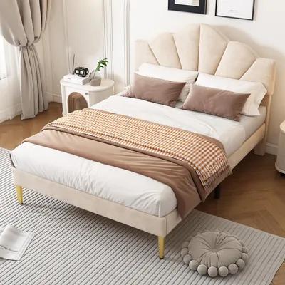 Image de MODFU Lit Double 140x200 cm - Lit Capitonné Velours avec Tête Réglable Forme Coquillage et Pieds Dorés - Style Contemporain - Beige - Sans Matelas