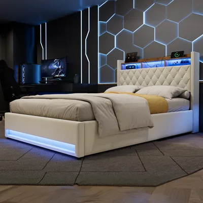 Image de okwish 140×200 Lit rembourré avec éclairage LED et port USB, lit d’adolescent avec tête de lit avec rangement et coffre de lit, beige, sans matelas