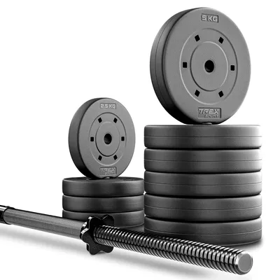 Produktbild von TREX SPORT Langhantel Set | Hantelset 46kg mit Langhantelstange 150cm, Kunststoff Hantelscheiben, Sternverschlüsse, langlebig | Home Gym Krafttraining