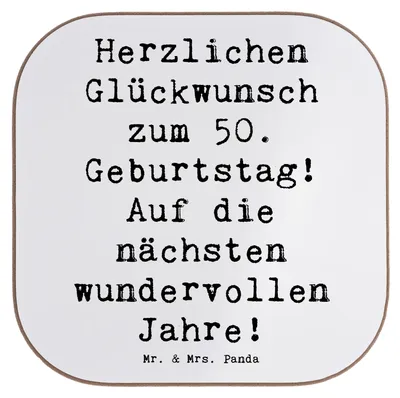 Produktbild von Mr. & Mrs. Panda Quadratischer Untersetzer Spruch 50. Geburtstag Glückwunsch - Weiß - Geschenk, 50 Jahre, Erinnerungen, gläseruntersetzer, Tassenuntersetzer, Alter, Tasse