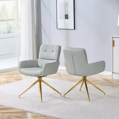 Produktbild von 2er-Set 360° drehbare Esszimmerstühle, warmgraues PU, goldene Metallbeine, 85 cm