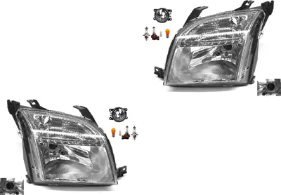 Immagine prodotto di Kit fari compatibile con Ford Fusion dal 08/02 al 09/05, con tecnologia H4, fendinebbia e indicatori di direzione. Codici: 8200074008, 6202E1, 00006202E1, 6710027, 0000620639, 620639, 0000620. Marca: Johns