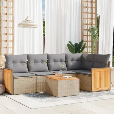 Produktbild von Design 6-tlg. Garten-Sofagarnitur mit Kissen Beige Poly Rattan, Gartenmöbel-Sets 2024 Neu