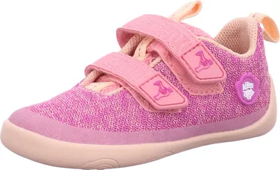 A single pink child's shoe is shown from a side-diagonal angle against a white background.