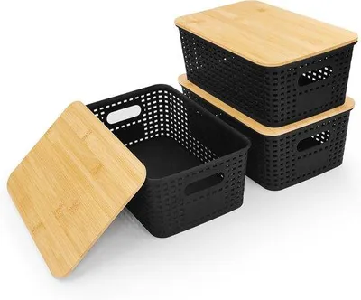 Produktbild von LYLIDIA Aufbewahrungsbox mit Bambusdeckel, 3 Stück, 5 Liter, schwarze Badbox, Organizer für Küche und Badezimmer, 25 x 18 x 10 cm, Kunststoff
