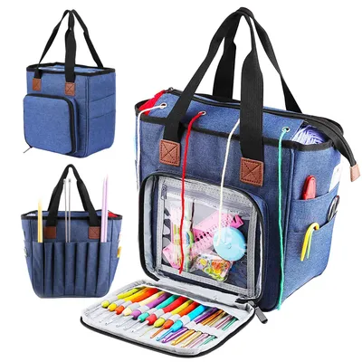 Productafbeelding van Draagbare opbergtas voor wol, garen, haaknaalden, breinaalden, handwerkaccessoires (denim blauw)