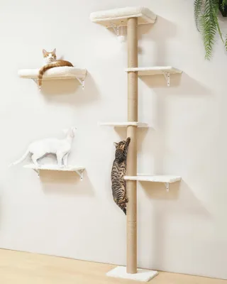 Productafbeelding van Klimwand voor katten - set 3-in-1 met krabpaal en 2 wandplanken - 178 cm hoog - massief hout - beige