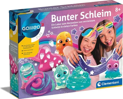 The image shows the packaging of a children's slime making kit. The box is colorful and features cartoonish slime characters, two young girls, and rainbow graphics. It highlights the product name 'Bunter Schleim' and the brand 'Galileo' and 'Clementoni'.