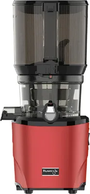 A red Kuvings slow juicer is shown against a white background.