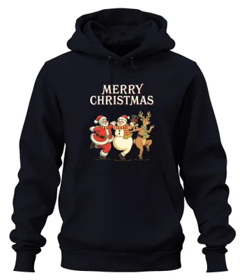Produktbild von MERRY CHRISTMAS Weihnachtsmann Schneemann Rentier tanzend Hoodie Kapuzenpullover, Navy, L