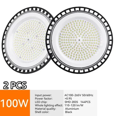 Image de Luminaires LED UFO pour hall industriel - Lot de 2 - 100 W par luminaire - Tension : 85–265 V AC - Indice de protection : IP65 - Lumière blanche froide