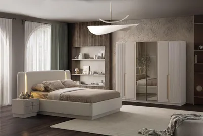 Zdjęcie produktu dla Nowoczesny zestaw do sypialni w kolorze beżowym, designerskie łóżko podwójne, szafki nocne