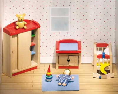 Produktbild von goki 51905 Puppenmöbel Kinderzimmer, rot/blau/natur (1 Set)