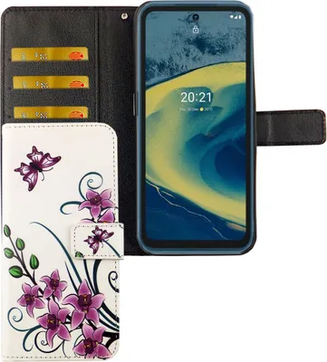 Productafbeelding van Nokia XR20 hoesje, telefoonbescherming, flip-case met kaarthouder, kleur: Lotusbloem wit