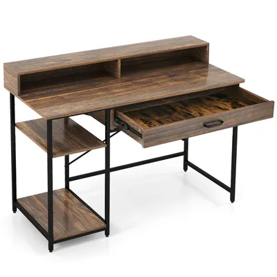 Zdjęcie produktu dla COSTWAY Biurko komputerowe z szufladą, podstawką pod monitor i 2 otwartymi półkami, biurko pod komputer, biurko 120x56x90,5cm, rustykalny brąz