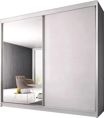 Produktbild von Schiebürenschrank K006 233x61x218 cm (Weiß) Schrank, Garderobe, Kleiderschrank mit Einlegeböden und Kleiderstange Eleganter Schiebetürenschrank mit Spiegel, Wohnkultur, klassischer Stil, großer Stauraum