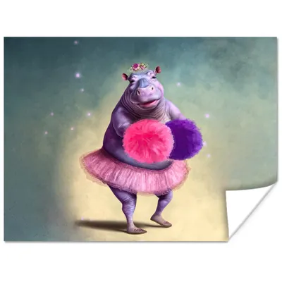 Produktbild von MuchoWow® Poster Nilpferd - Blumen - Ballerina - Pompons - Porträt 160x120 cm - Foto Plakat