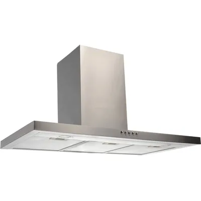 A stainless steel kitchen range hood against a white background.