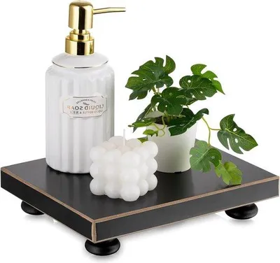 Productafbeelding van Famanu decoratief dienblad met standaard - Rond, hout, zwart - 24 x 20 cm