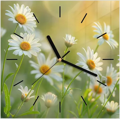 Produktbild von Wanduhr aus Glas mit Motiv Blühende Gänseblümchen- 30 x 30 cm - inkl. Aufhängesystem