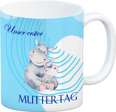 Produktbild von Nilpferd-Kaffeebecher zu ersten Muttertag mit Mama und Baby in blau Tasse mug