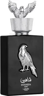 A black perfume bottle with silver accents and an eagle emblem.