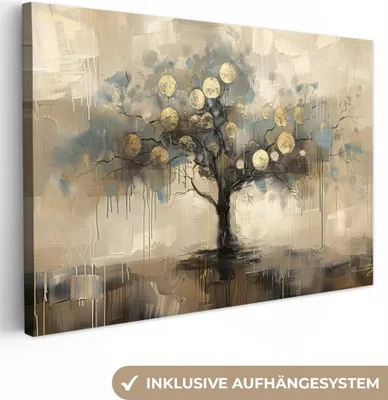 Obrázek produktu pro OneMillionCanvasses® - Plátno - Béžové - Abstraktní - Strom - Zlaté, nástěnná malba, nástěnné dekorace obrazy obývací pokoj, 120x80cm