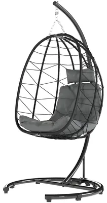 Produktbild von Polyrattan Hängestuhl klappbar wetterfest, Hängesessel Egg Chair PE-Rattan Stahl, Schwarz | inkl. Kissen | bis 150 kg | 102x102x195 cm
