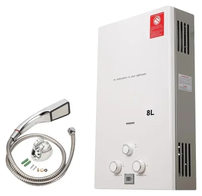 Obrázok produktu pre Ohrievač vody, výkon 16 kW, prietok 8 l/min, rozmery 500 x 300 x 130 mm, palivo: skapalitý plyn (propán), prenosný dizajn