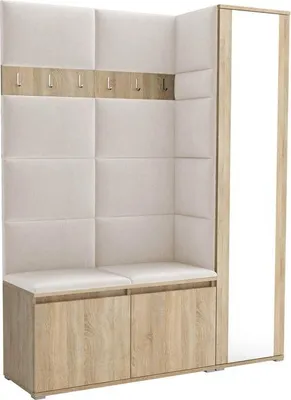 Obrázok produktu pre Šatníková zostava Noris VII so zrkadlom, čalúnená šatníková skriňa 145 cm, nábytok do predsiene s nástennými panelmi, botníkmi a úložným priestorom (farba: dub Sonoma + Trinity 01)