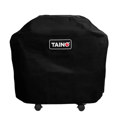 A black gas grill cover with the TAINO logo on a white background.
