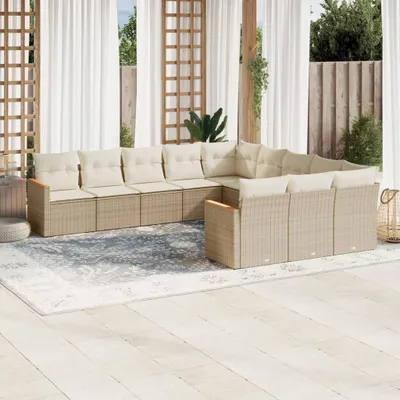 Produktbild von Design 11-tlg. Garten-Sofagarnitur mit Kissen Beige Poly Rattan, Gartenmöbel-Sets 2024 Neu