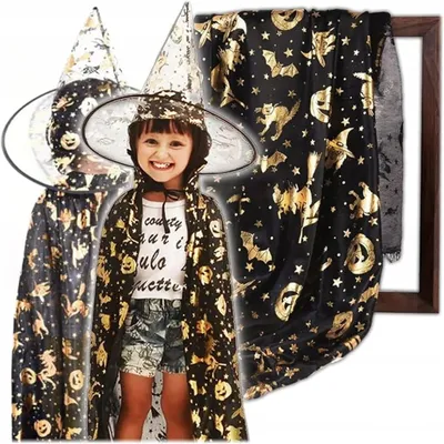 Produktbild von KRUMAD Halloween Kostüm Set: Hexenhut & Cape 80 cm mit Kapuze – Uni für Kinder & Erwachsene, schwarzer Umhang mit bunten Halloween-Motiven