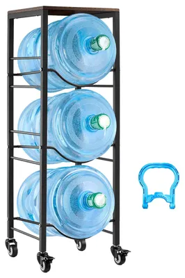 Produktbild von VEVOR Wasserkrughalter, 3 Ebenen Doppelte Reihen 11 L und 19 L Wasserflaschenhalter für 6 Flaschen, Robuster Krugregal-Organizer mit Rollen und Griffen, Faltbar für Küche, Büro, Wohnzimmer, Schwarz