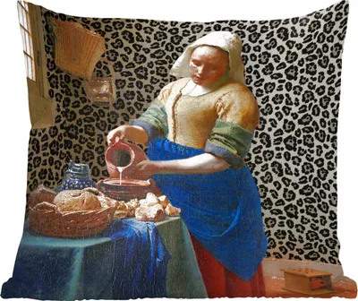 Produktbild von MuchoWow® Zierkissen Sofakissen Wohnzimmer Dekokissen 40x40 cm Milchmädchen - Kunst - Pantherdruck - Vermeer - Gemälde - Alte Meister - Foto Kissen - Schlafzimmer Dekoration