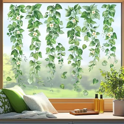 Produktbild von PromoHome® Fensteraufkleber Grüne Blätter Pflanzen Sticker Eukalyptus Blumen Hängende Ranke – 9 Bögen, 20 x 30 cm, Grün