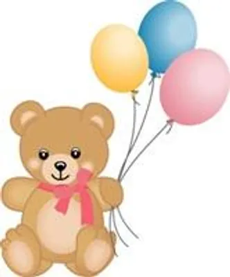 A cartoon illustration of a teddy bear holding balloons.