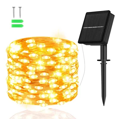 Solar-Lichterkette 5 m, 50 LED, Kupferdraht, 8 Modi, Timer, warmweiß
