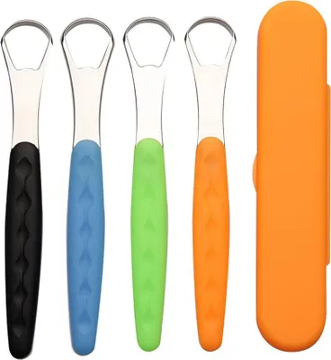 Image de Grattoir à langue, Lot de 4 outils en acier inoxydable pour gratter la langue avec manche antidérapant Pour Adultes Et Enfants, Etui inclus