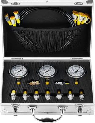 Image de Kit de test de pression hydraulique, 250 / 400 / 600 bar, 3 jauges, 9 raccords de test, 3 tuyaux de test, kit de jauges hydrauliques pour pelleteuses avec sac de transport portable pour pelles, tracteurs, machines de chantier