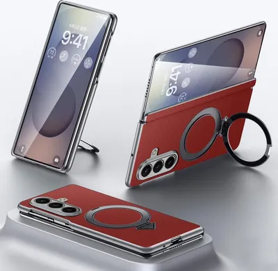 Obrázok produktu pre Pre Samsung Galaxy Z Fold7 5G SULADA Kožené puzdro MagSafe Ring Holder Red